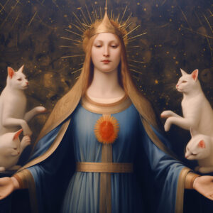 A queen in blue with white cats.