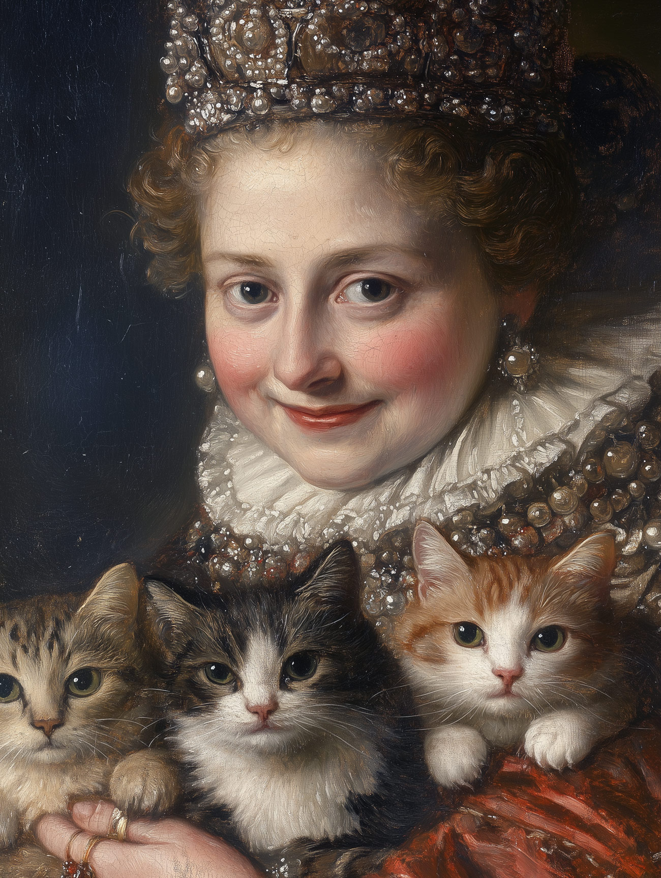 A closeup of a smiling queen with kittens.