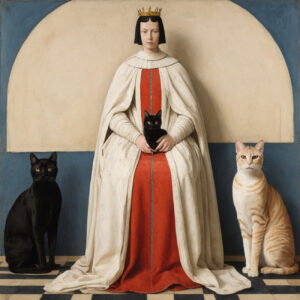 A queen in white and red with cats.