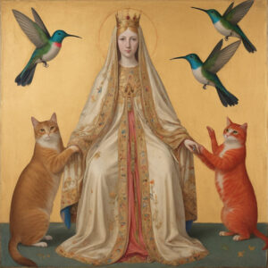 A queen in white and gold with hummingbirds and cats.