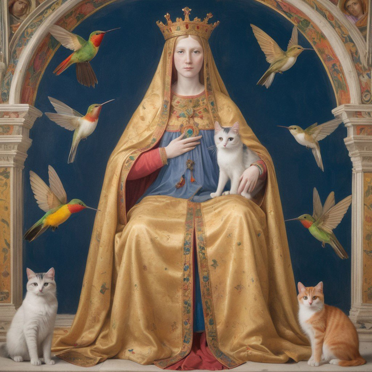 A queen in gold with hummingbirds and cats.