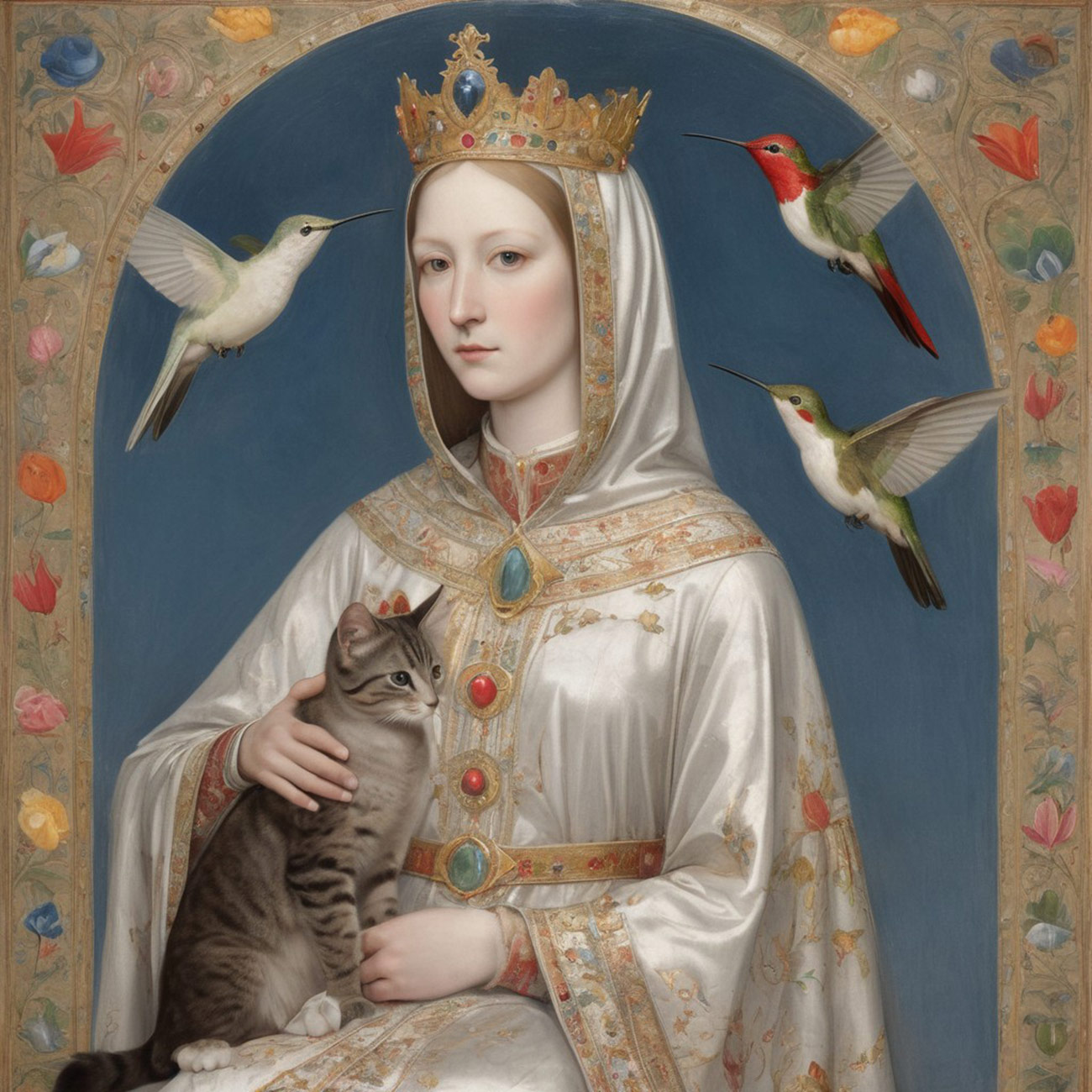 A queen in white with a cat and hummingbirds.