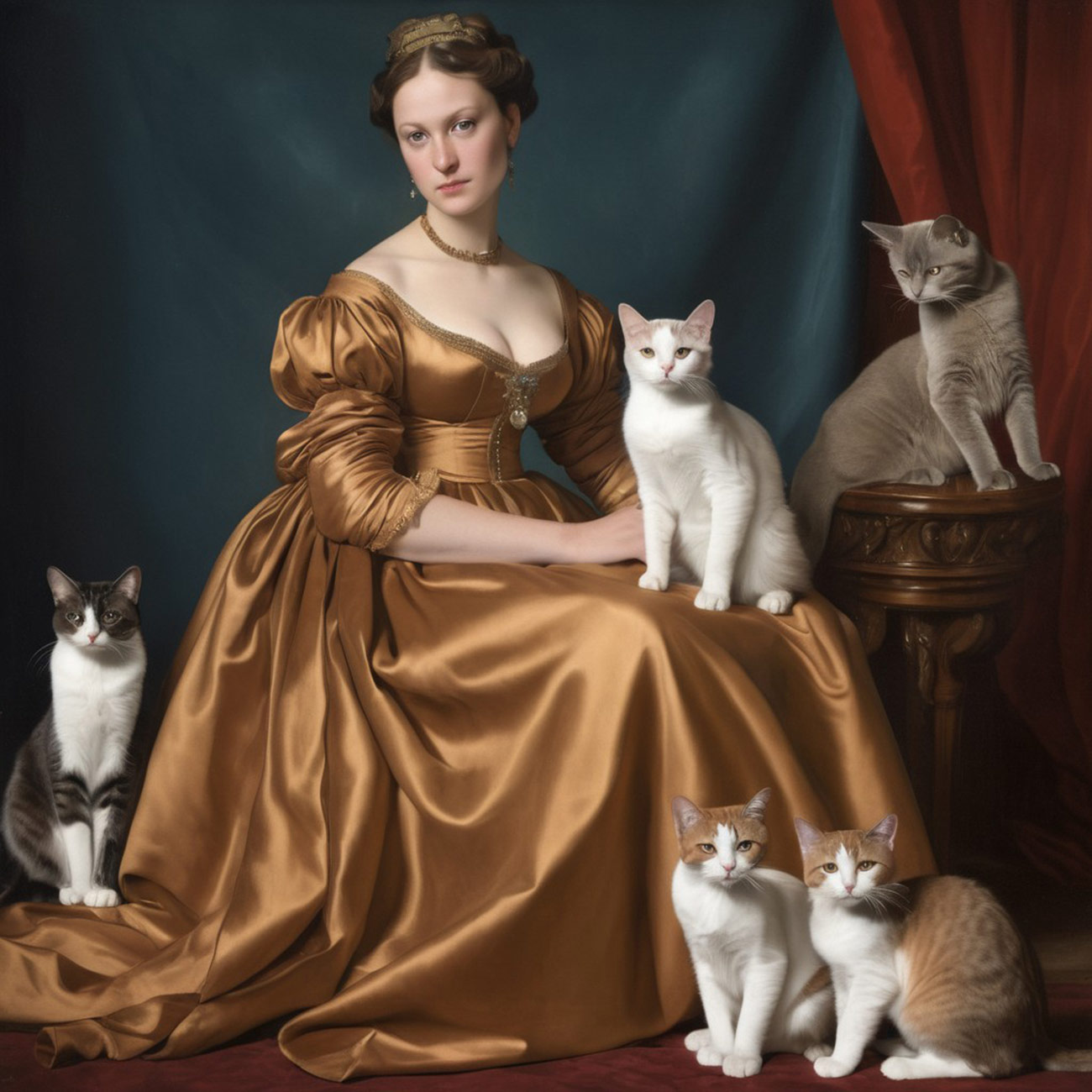 A noblewoman in brown satin with cats.