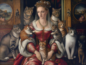 A queen in red with cats.