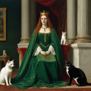 A queen in green with cats.