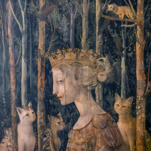 A queen with cats in a forest.