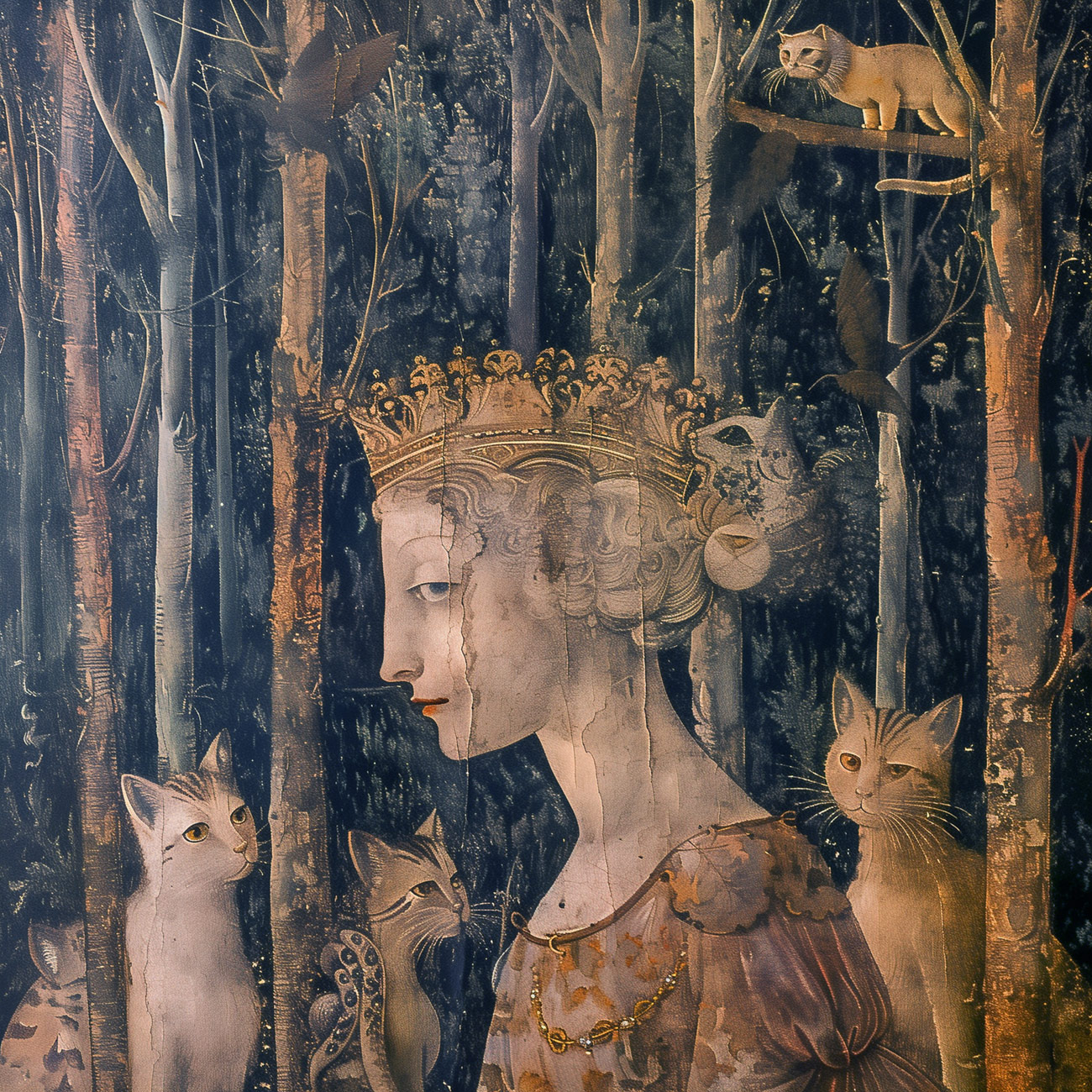 A queen with cats in a forest.