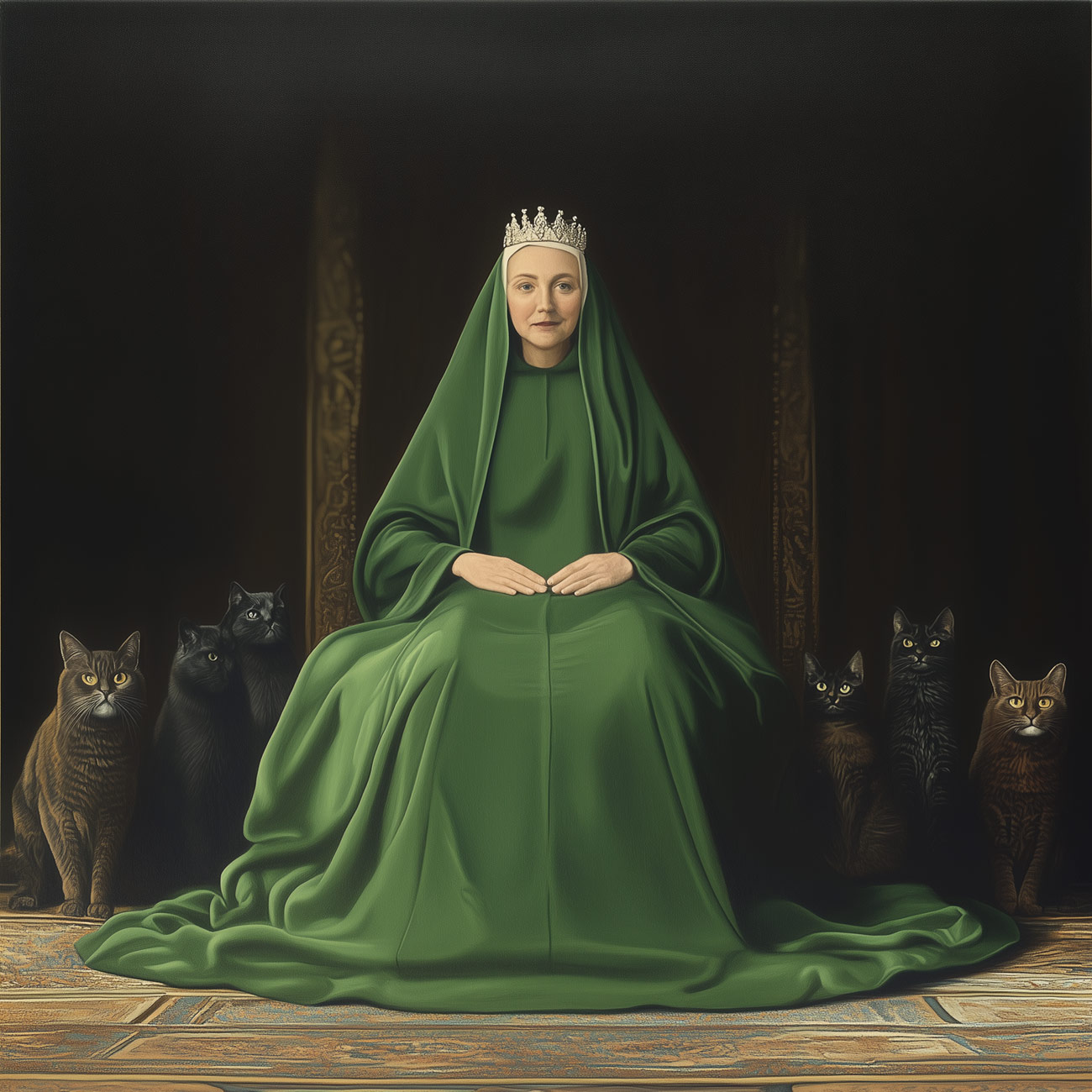 A queen in green with black cats.
