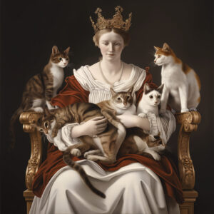 A queen with an armful of cats.