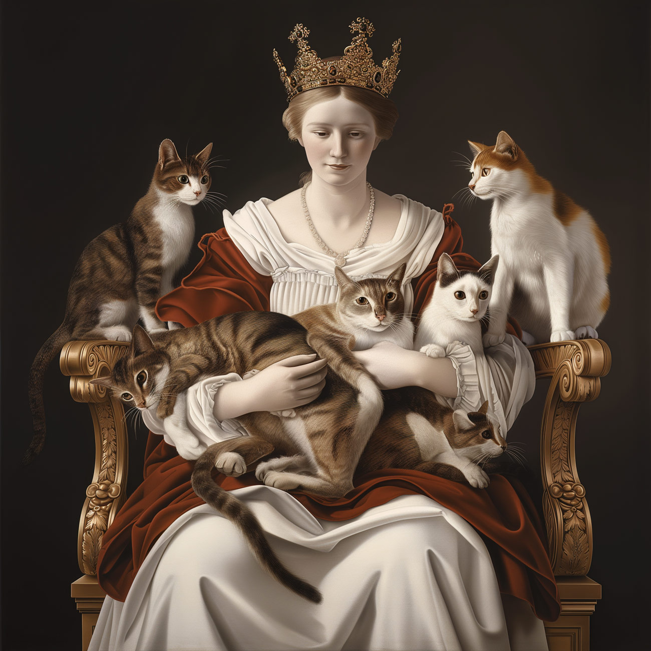 A queen with an armful of cats.