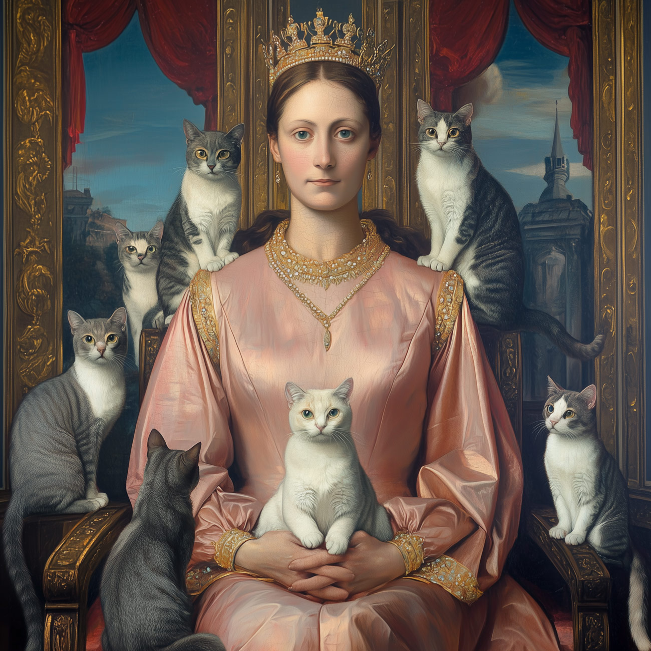 A queen in pink satin with cats.