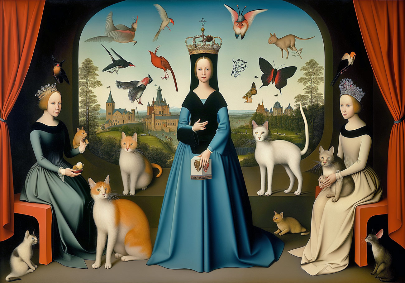 A queen with ladies-in-waiting, cats and other creatures.