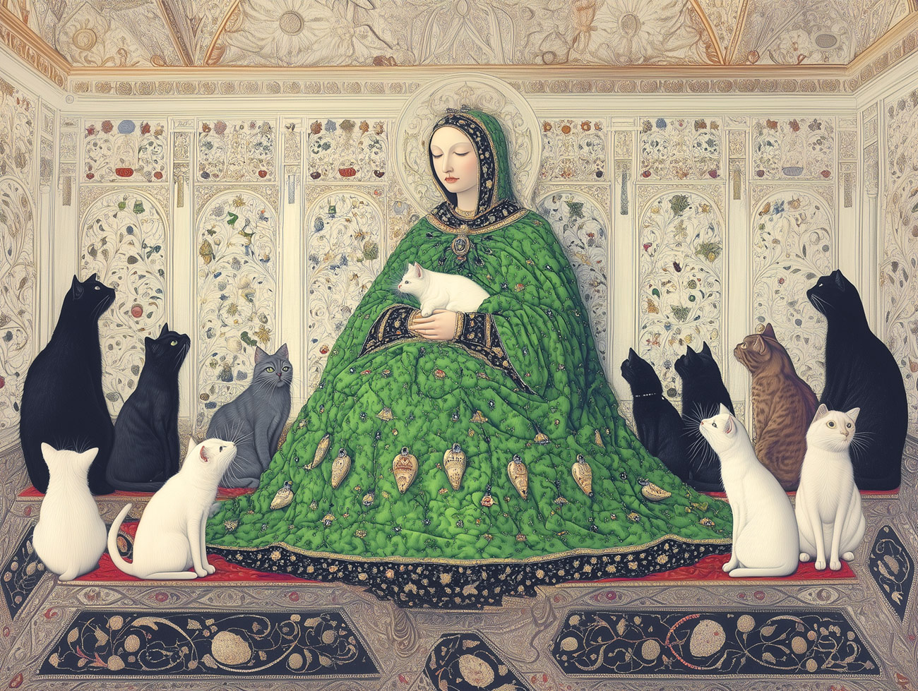 A queen with cats in a patterned room.
