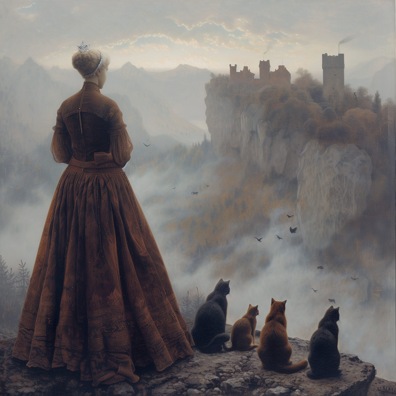 A queen with cats gazing into a misty valley.