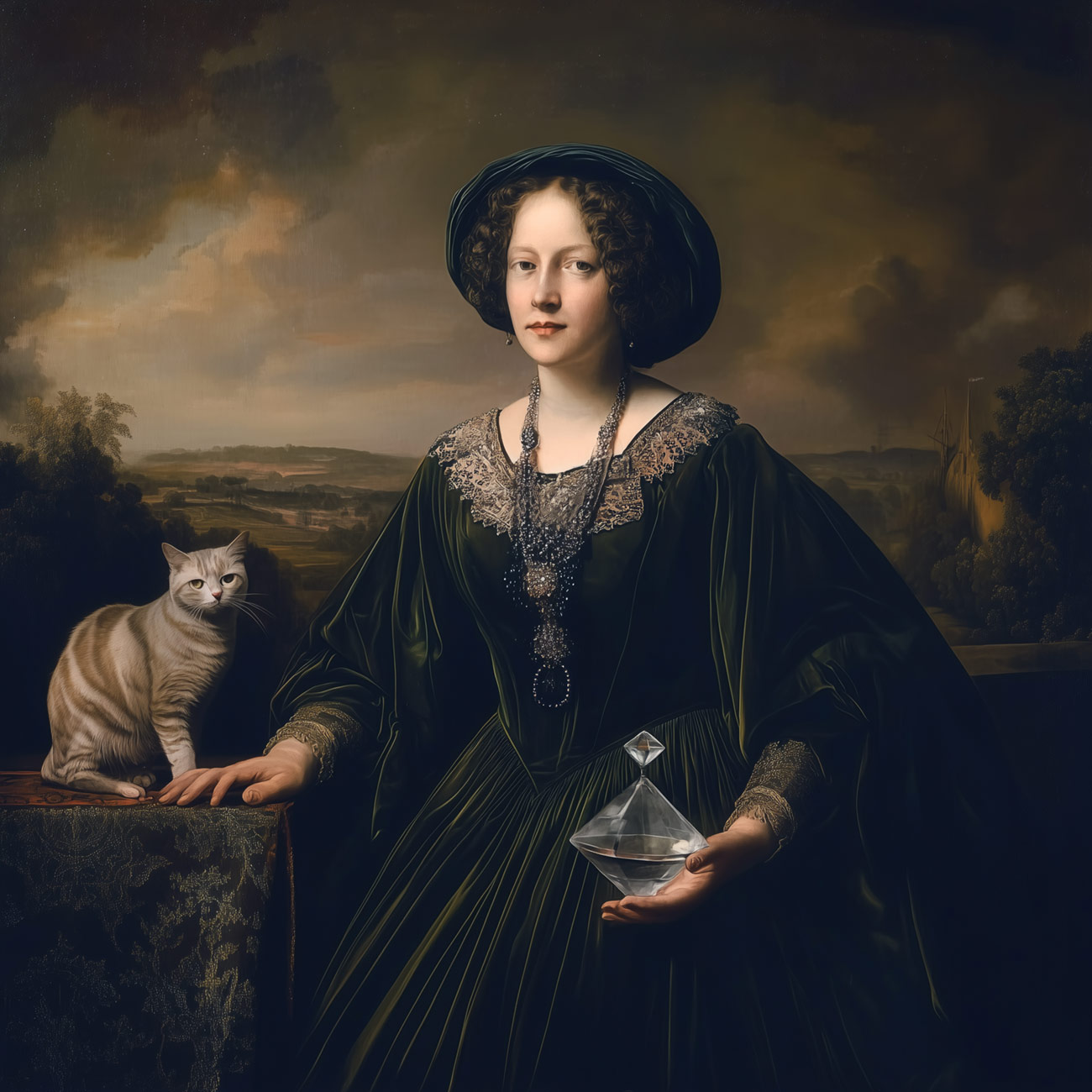 A noblewoman with a crystal and a cat.