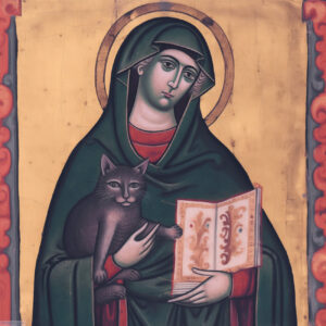 A medieval saint with a cat.