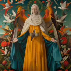 A saint with birds and poppies.