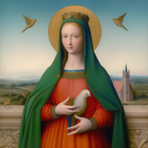 A saint in red and green with a bird.