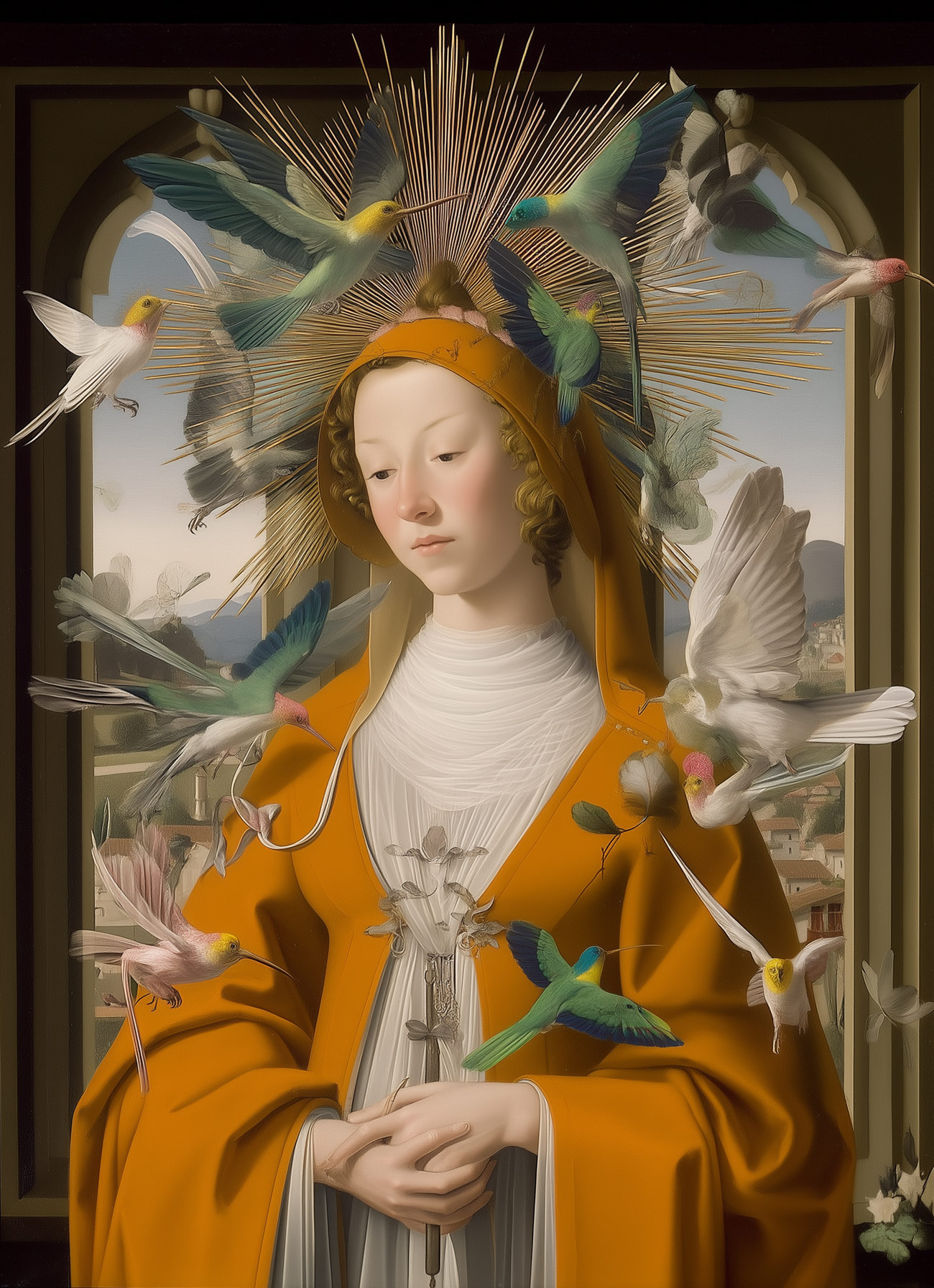 A saint in orange with birds.
