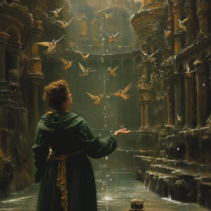 A saint in a cavern with birds.
