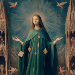 A saint in green and draped with diamond shapes.