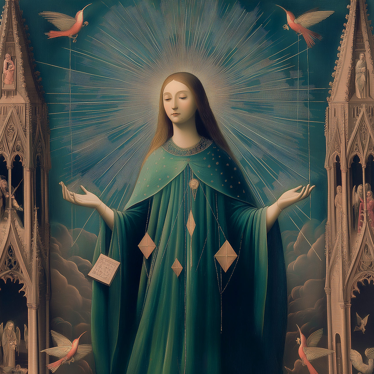 A saint in green and draped with diamond shapes.