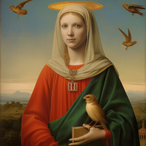 A Renaissance saint with a piercing stare.