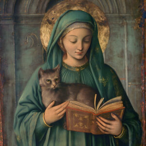 A saint in green with a book and a cat.