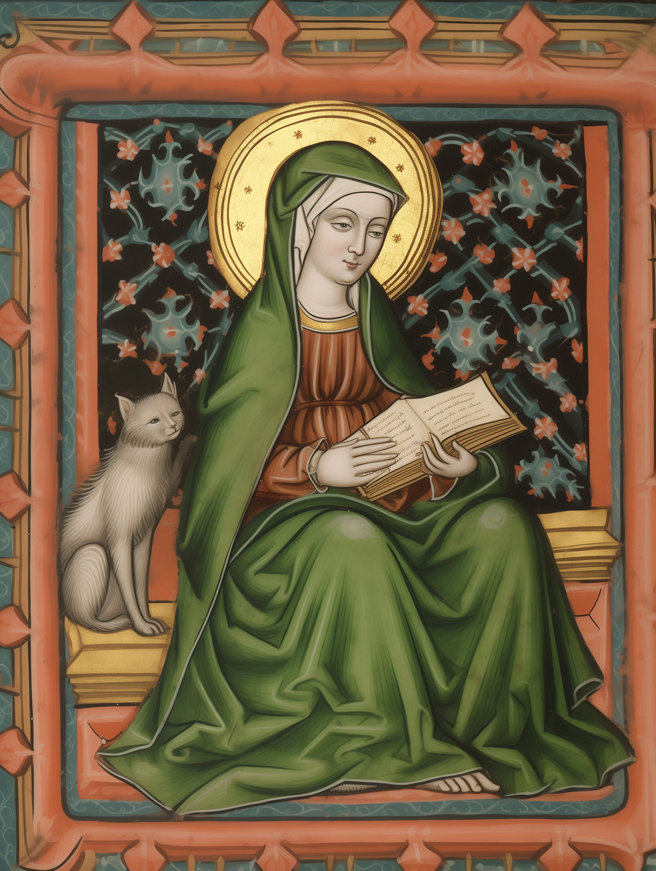 A Medieval saint with a book and a cat.