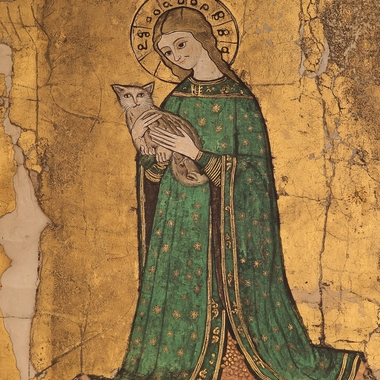 A medieval saint with a cat.