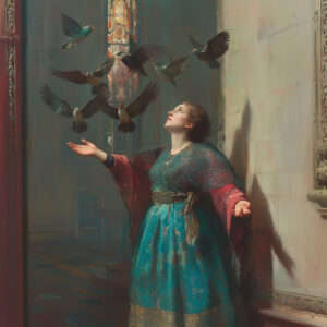 A saint with pigeons.