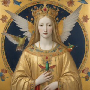 A saint in gold with wings.