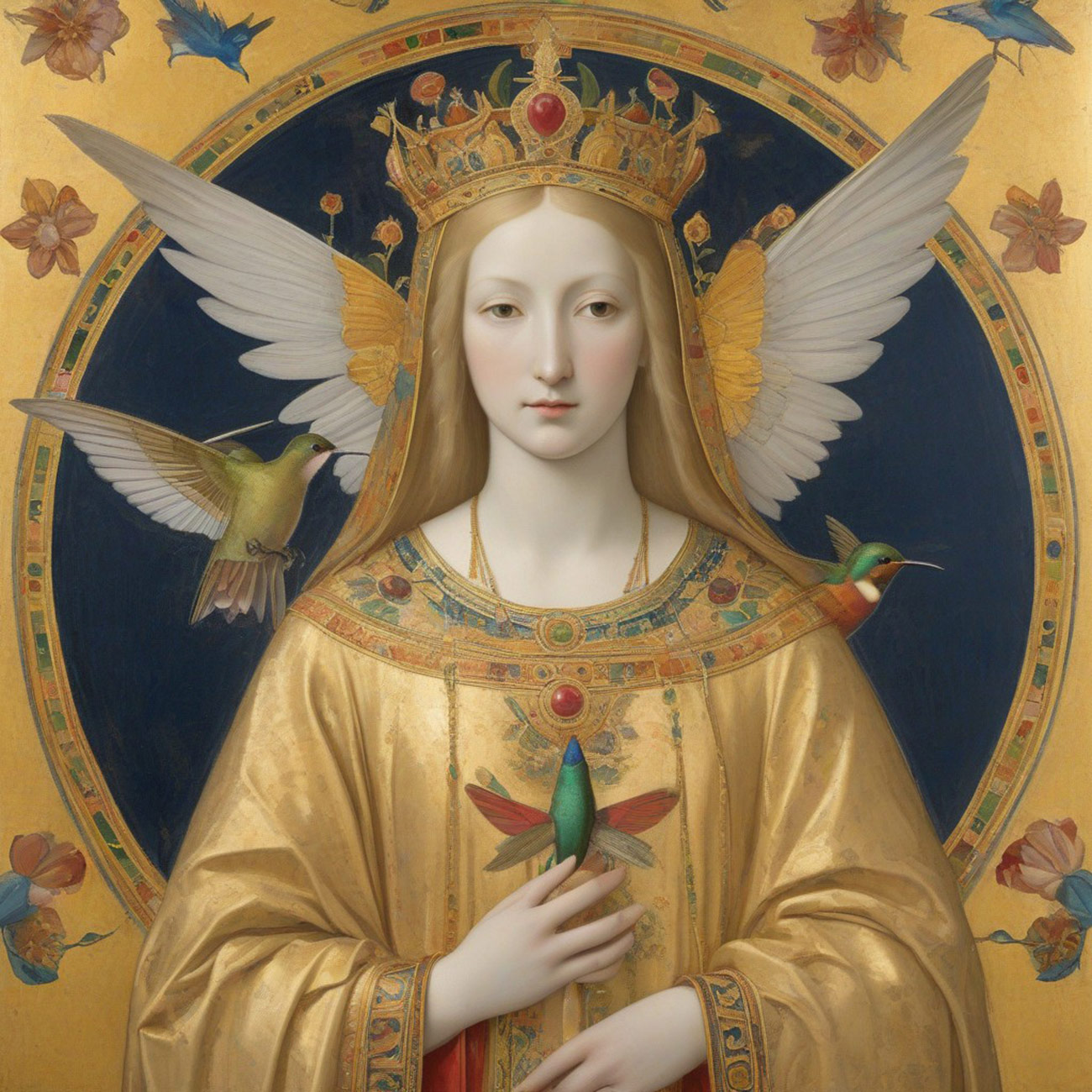 A saint in gold with wings.