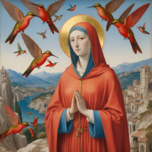 A saint in red with hummingbirds.