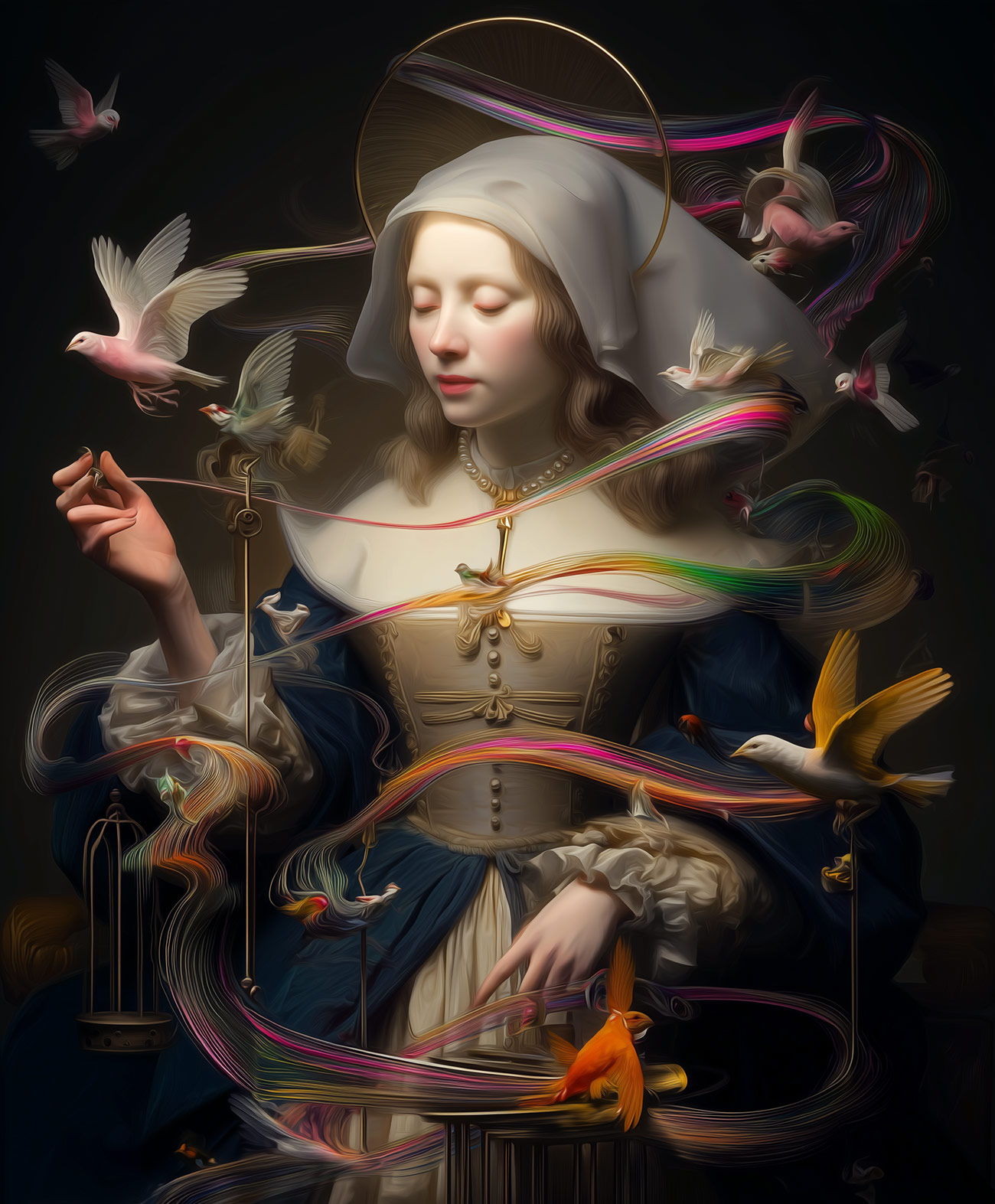 A saint with swirling energy and birds.