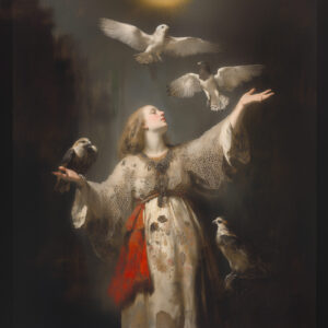 A saint with birds of prey.