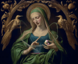 A saint with golden birds and swirling energy.