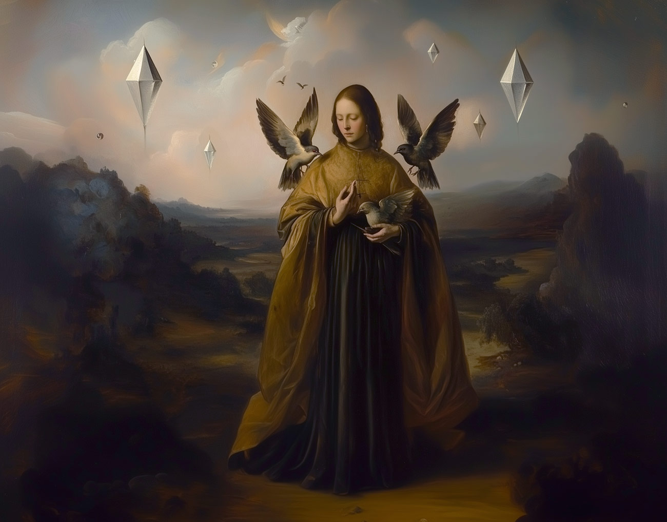 A saint with birds and crystals.