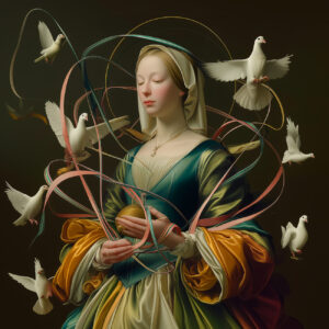 A saint with doves.