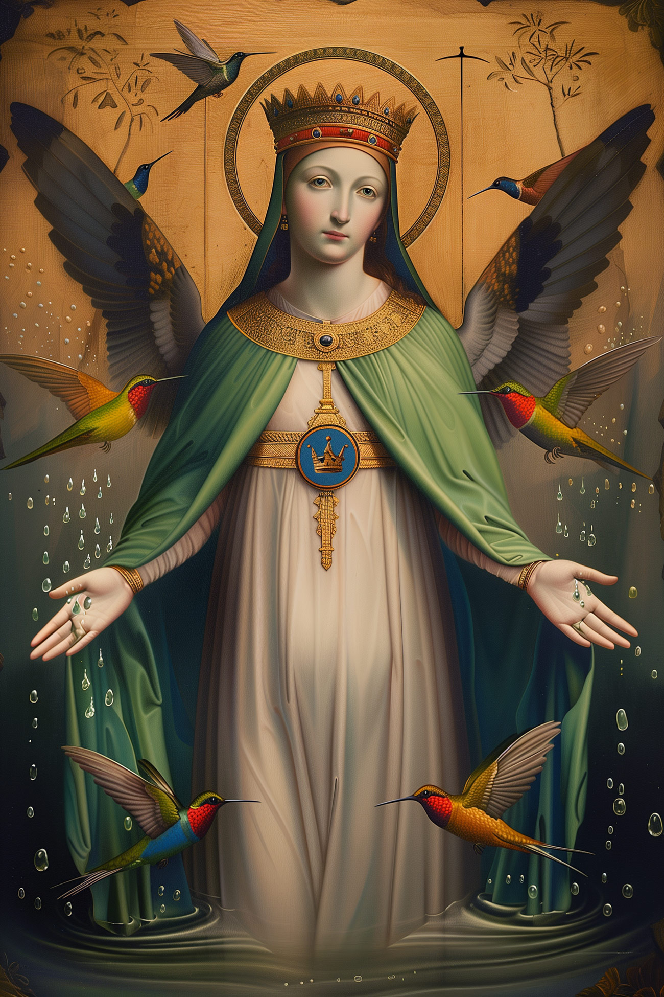 A saint with hummingbirds.