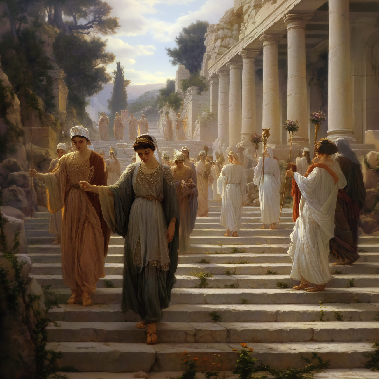 Priestesses walk through an ancient Greek city.