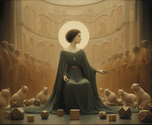 A priestess in a temple surrounded by acolytes.