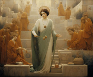 A priestess performs a ritual on the temple stairs.