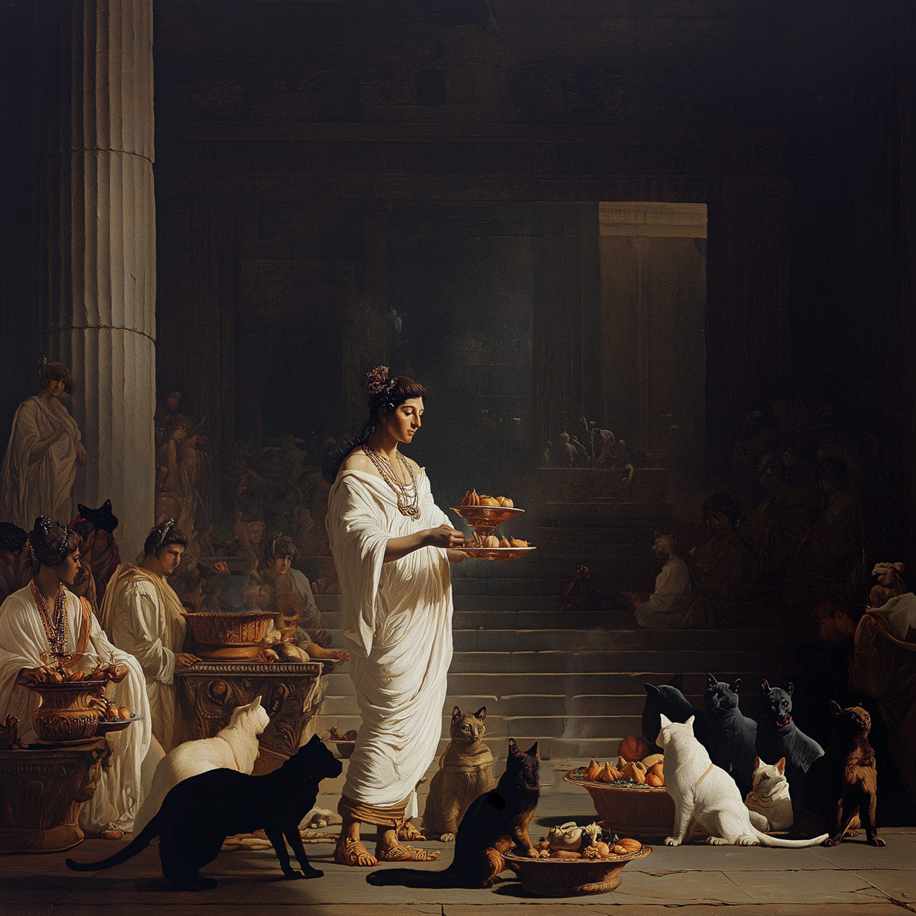 A priestess carries offerings inside an ancient temple.