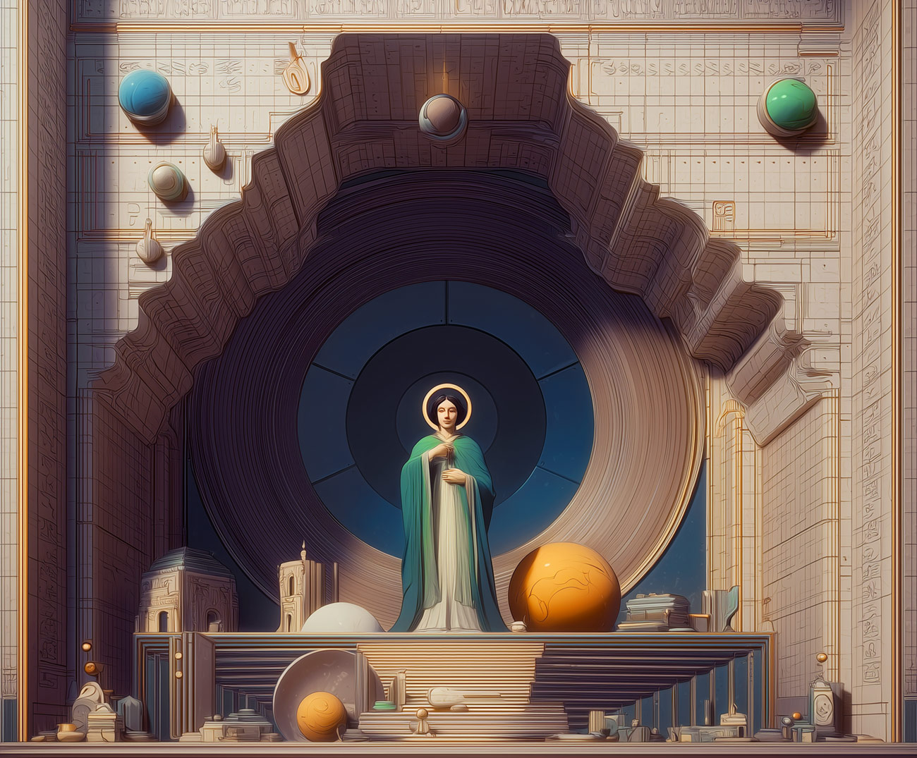 A priestess stands outside a geometric temple.