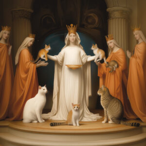 A priestess in white with cats and kittens.