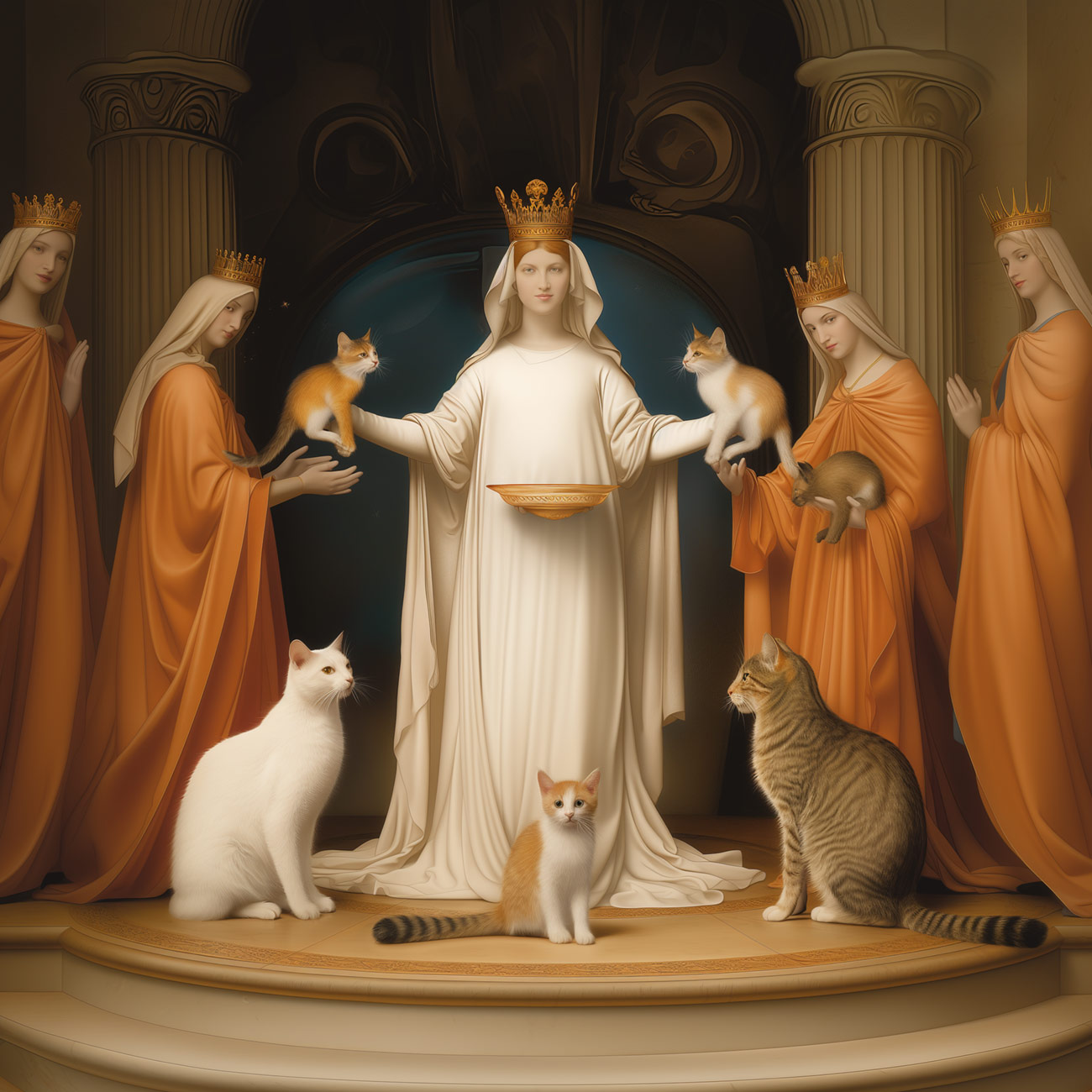 A priestess in white with cats and kittens.