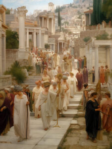 Priestesses lead a parade through an ancient Mediterranean city.