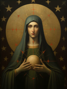 A veiled priestess holds a sacred sphere.