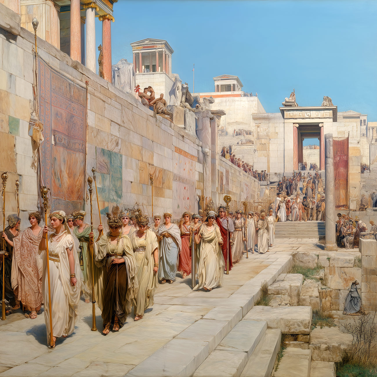 Priestesses lead a parade through an ancient Greek city.